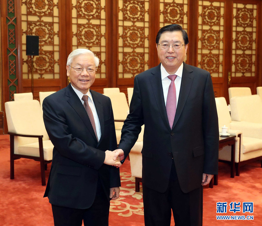 1月13日，中共中央政治局常委、全國(guó)人大常委會(huì)委員長(zhǎng)張德江在北京人民大會(huì)堂會(huì)見越共中央總書記阮富仲。 新華社記者 劉衛(wèi)兵 攝