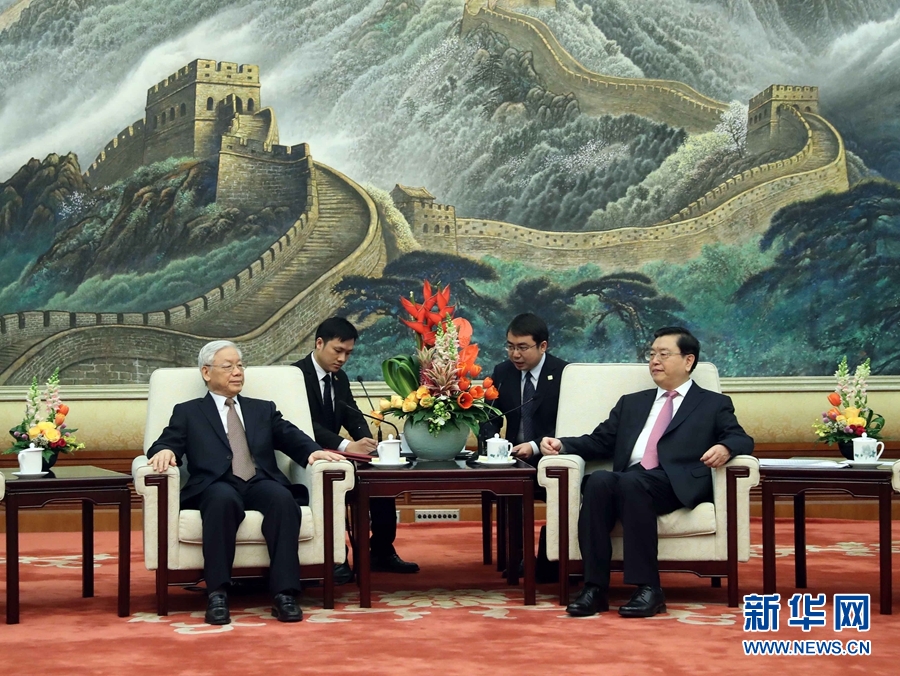 1月13日，中共中央政治局常委、全國(guó)人大常委會(huì)委員長(zhǎng)張德江在北京人民大會(huì)堂會(huì)見越共中央總書記阮富仲。 新華社記者 劉衛(wèi)兵 攝